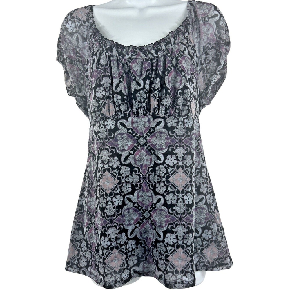 Axcess Y2K Purple Black Top‎ M Stretch Babydoll Dark Floral Fairygoth Whimsigoth